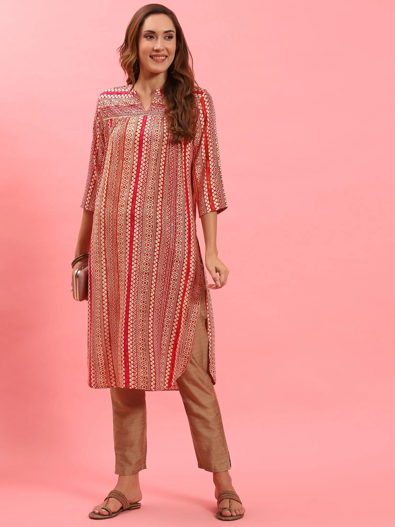 Women Pink Geometric Printed Kurta