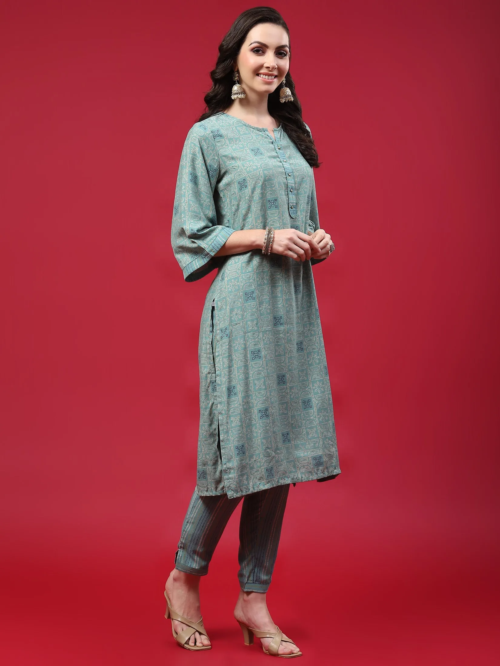 Women Turquoise Blue Geometric Printed Kurta Trouser Dupatta