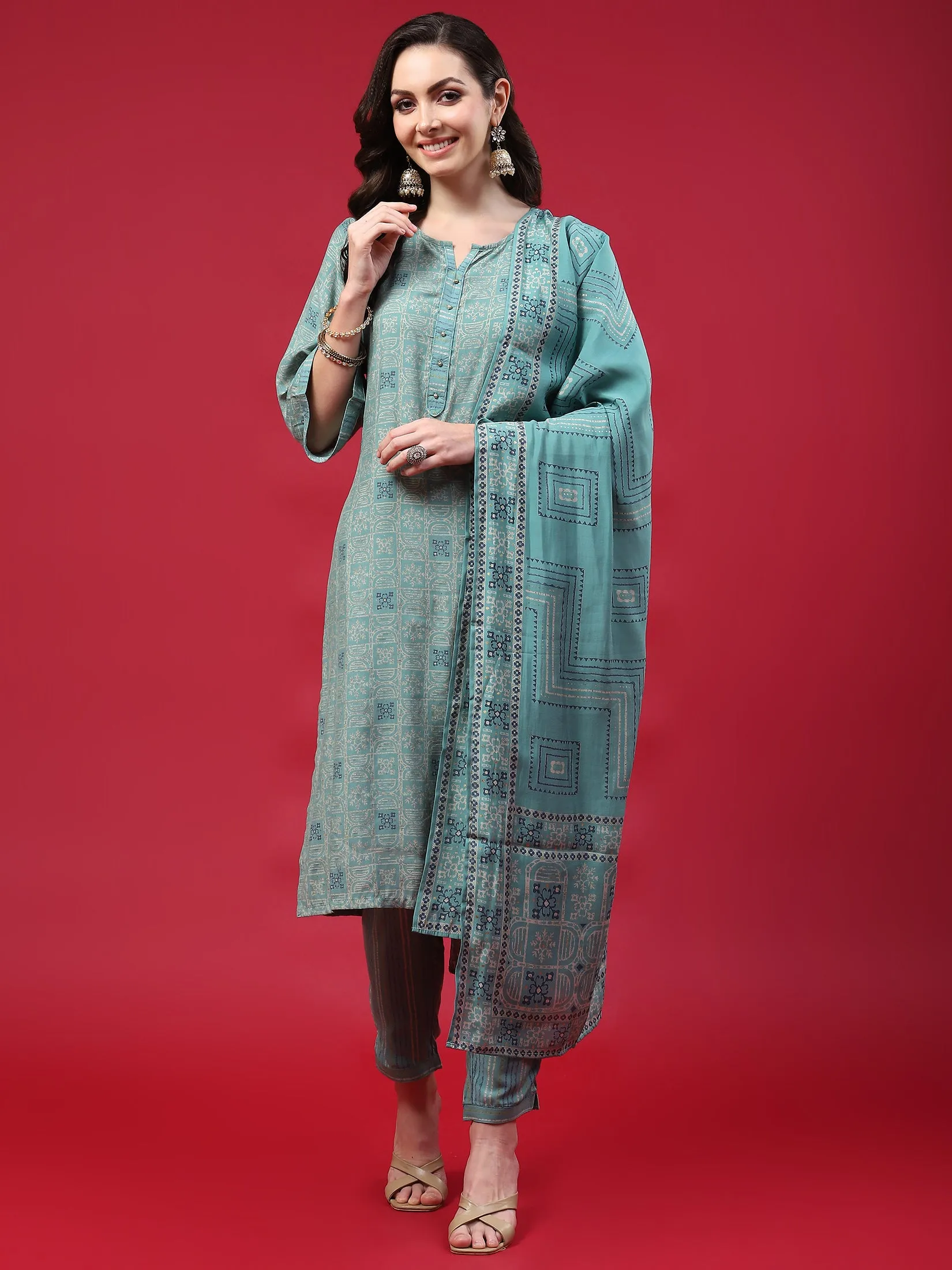 Women Turquoise Blue Geometric Printed Kurta Trouser Dupatta