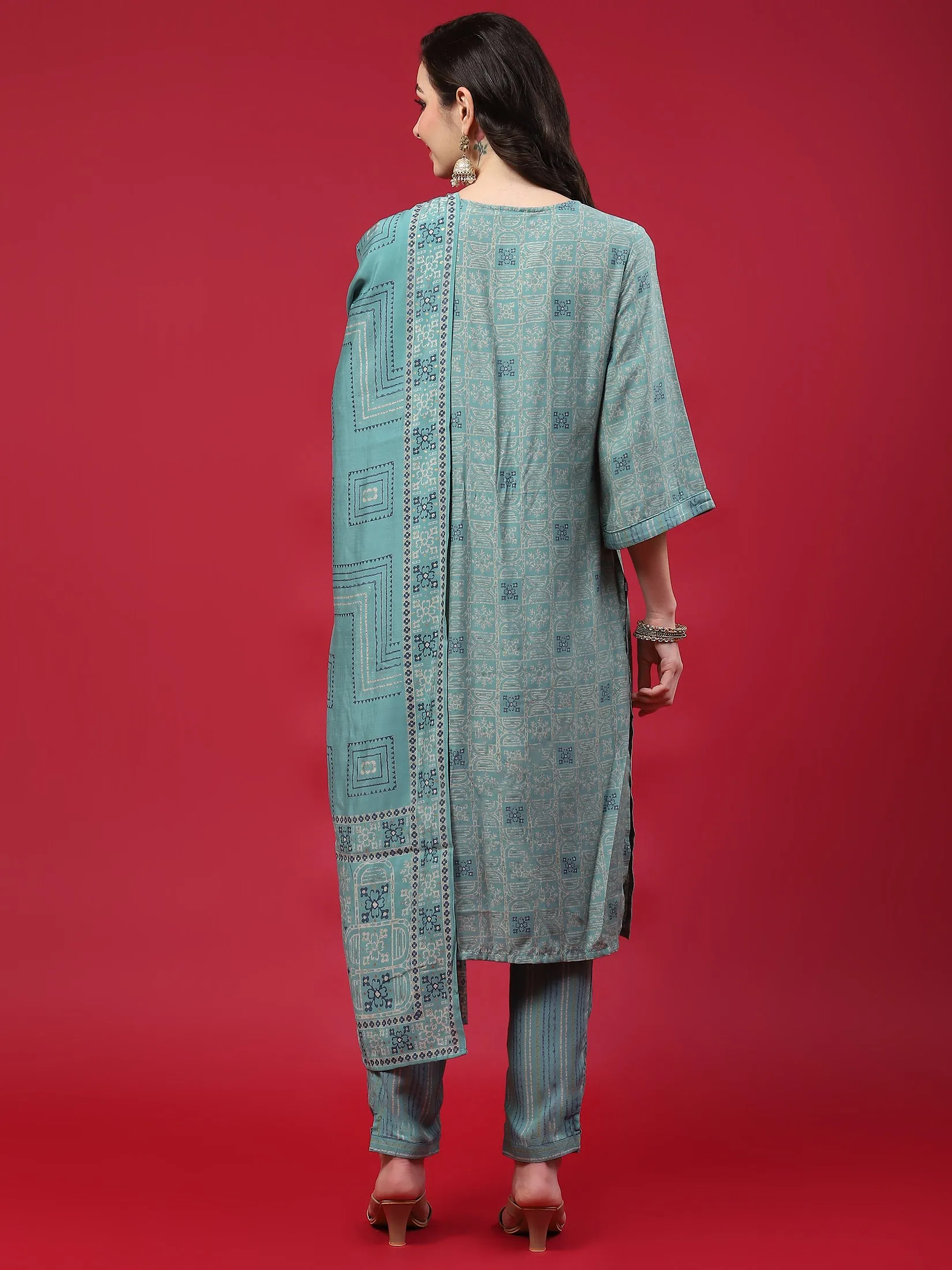 Women Turquoise Blue Geometric Printed Kurta Trouser Dupatta