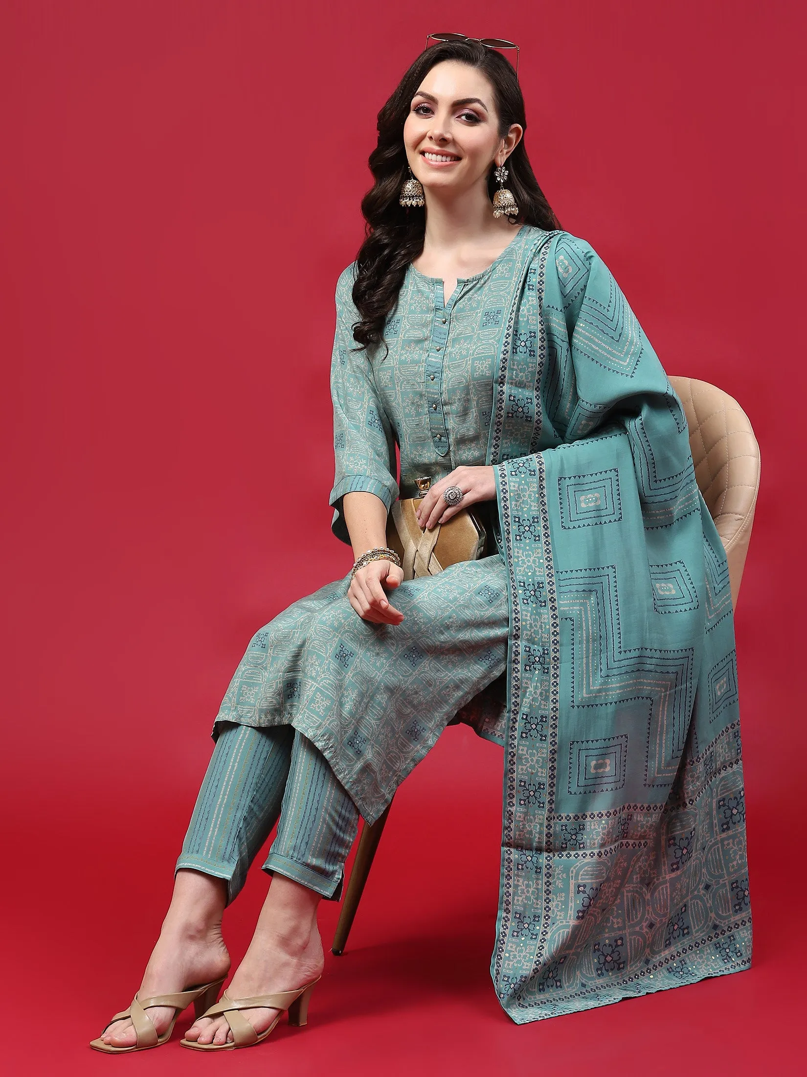 Women Turquoise Blue Geometric Printed Kurta Trouser Dupatta