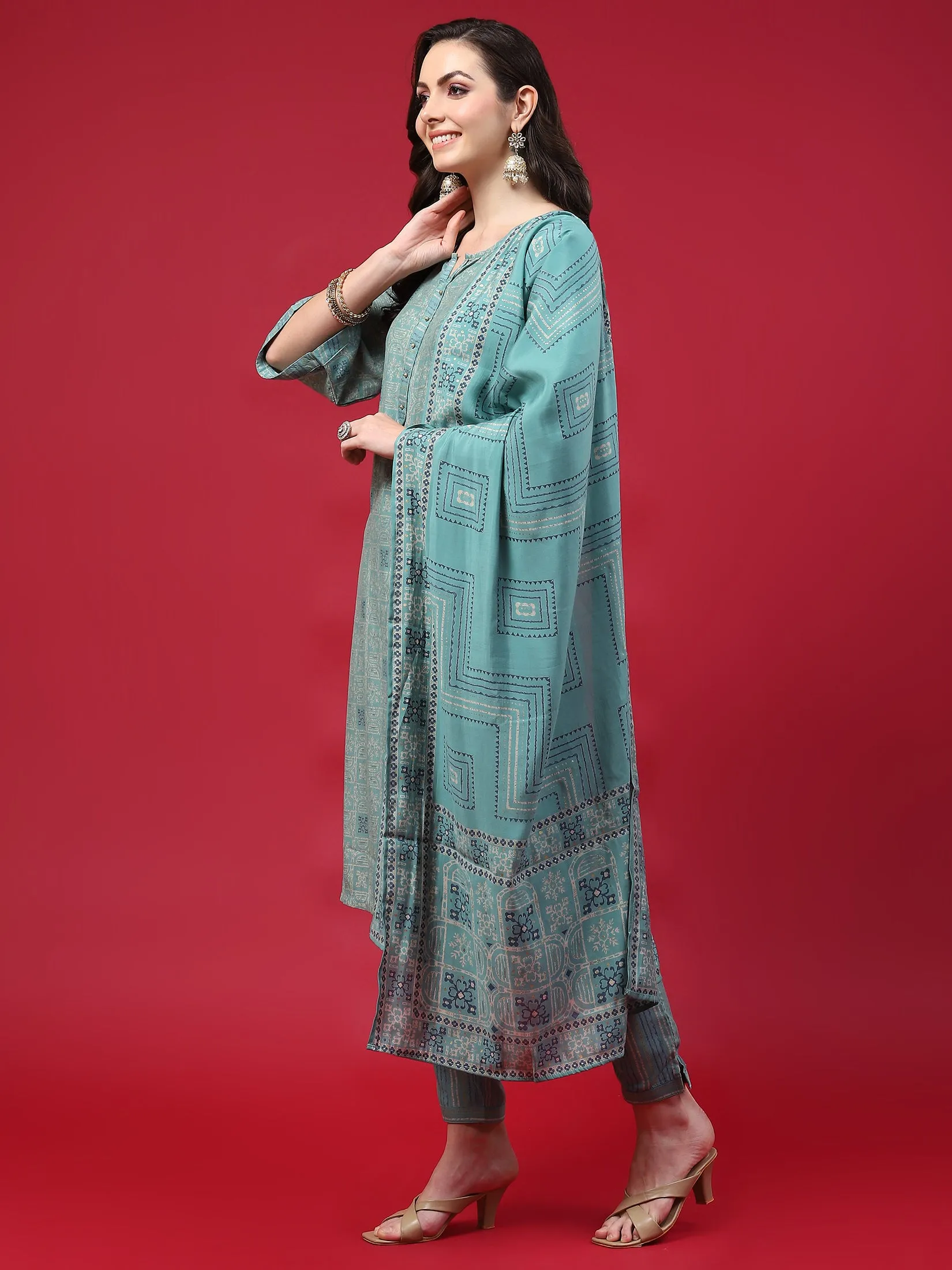 Women Turquoise Blue Geometric Printed Kurta Trouser Dupatta