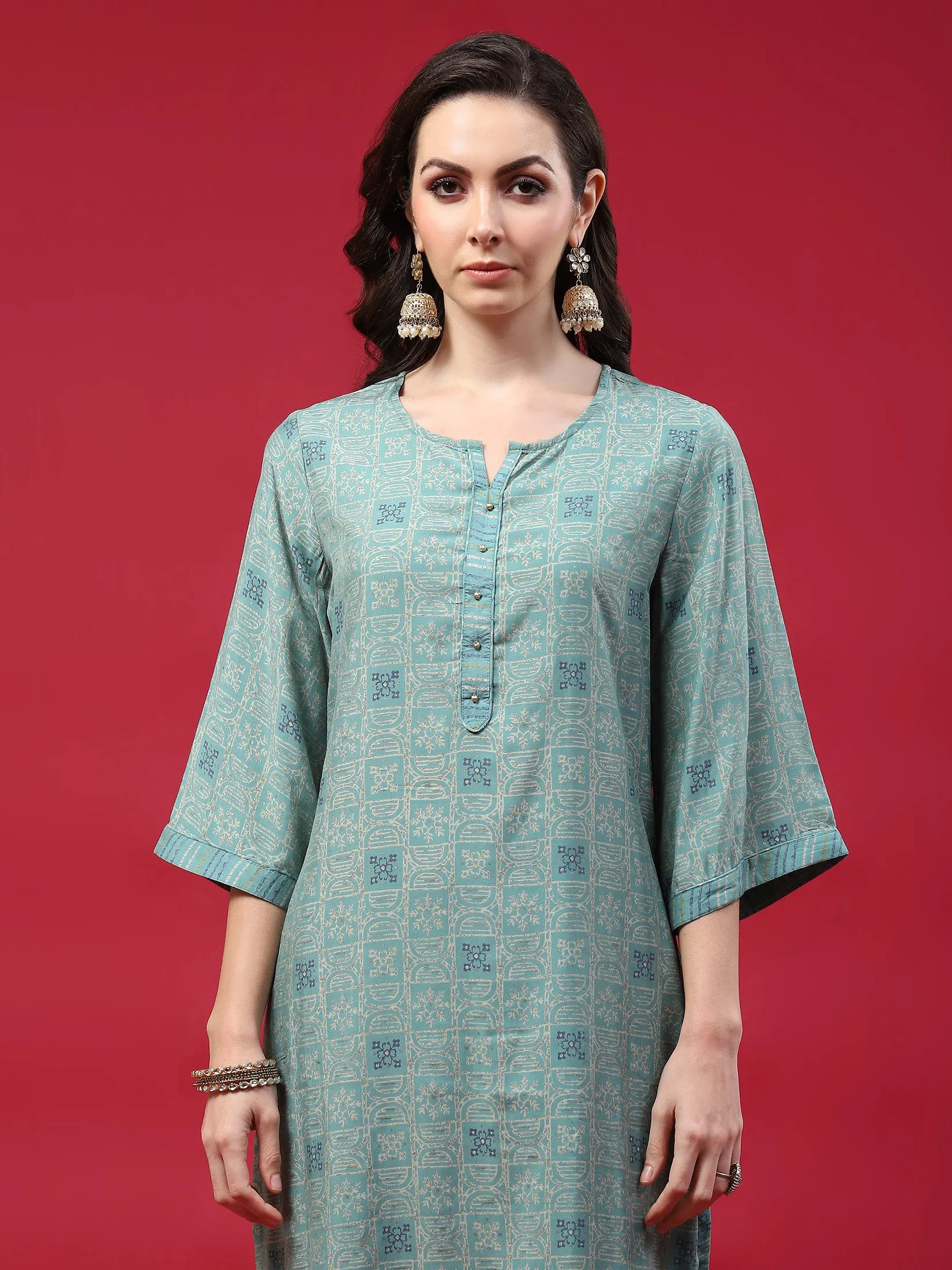 Women Turquoise Blue Geometric Printed Kurta Trouser Dupatta